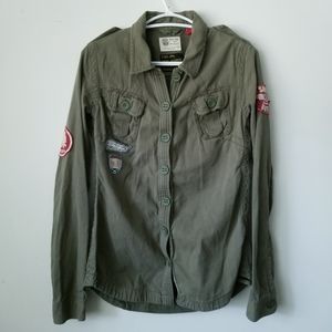 SUPERDRY JPN Black Label 7605 Division Super Aces Military Khaki Button Down M